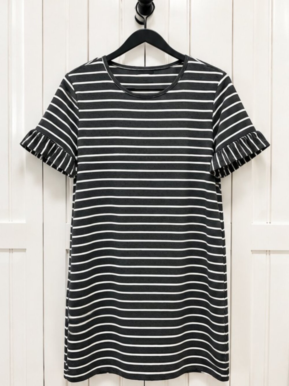 Gray & White Striped Ruffle Sleeve T-Shirt Dress Size Large